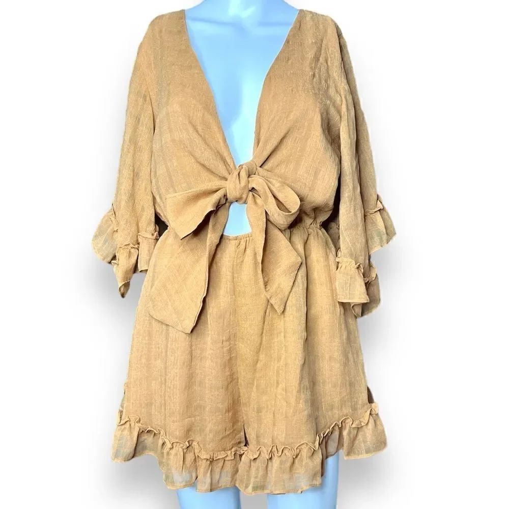 Angel Biba Ruffle Sleeve Front Tie Romper Copper Tan Size Medium